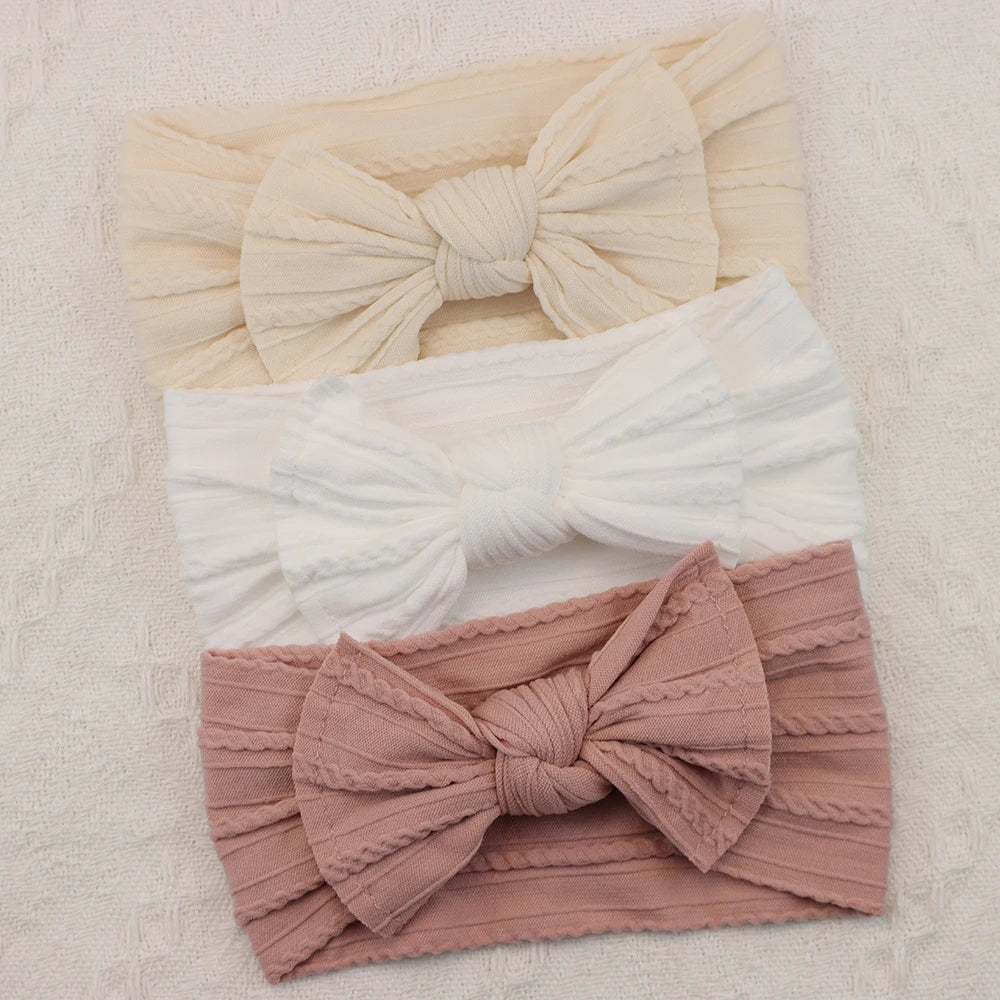 3-Pack Baby Nylon Headbands - Soft Cable Knit Stretchy Bows for Infants & Toddlers (0-3T)