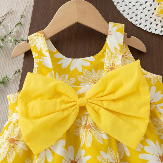 Toddler & Baby Girl Summer Daisy Print Beach Dress with Sun Hat & Bow Set (3M-3T)
