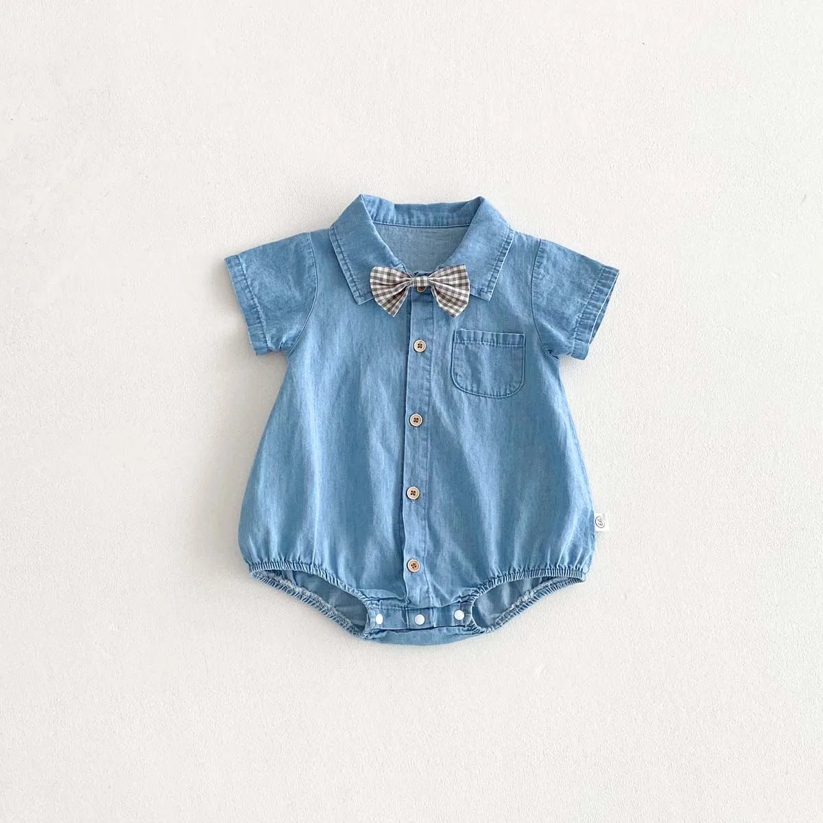 Baby Boy Korean Style Cotton Romper - Short Sleeve Lapel Shirt Jumpsuit with Bow Tie (0-24 Months)
