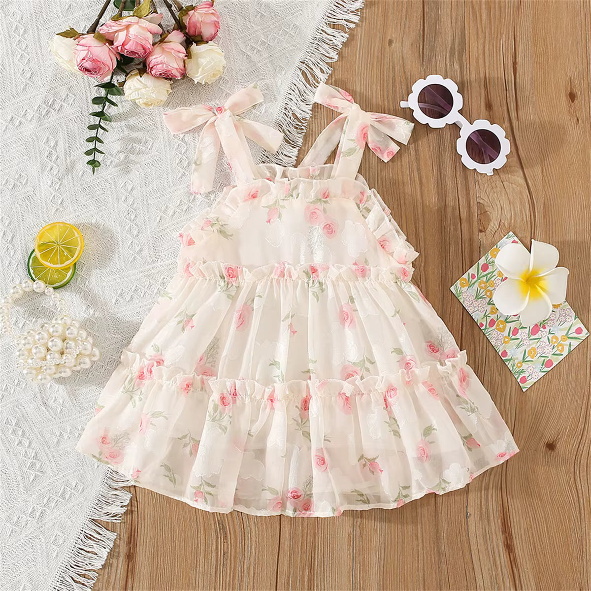 Toddler & Baby Girl Floral Summer Dress - Sleeveless Rose Princess Sundress with Shoulder Bows (9M-3T)