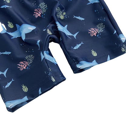 Navy Blue Shark Rash Guard Swimsuit & Sun Hat Set | UPF 50+ Protection (0-5T)