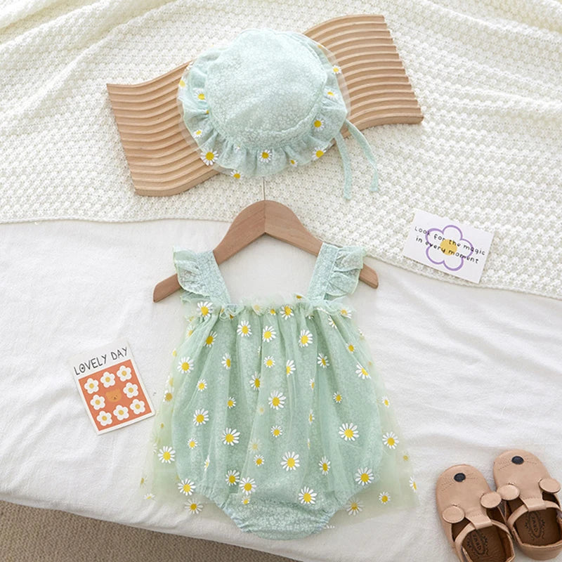 Baby Girl Daisy Floral Romper & Sun Hat Set - Cotton Mesh Fly Sleeve Summer Jumpsuit (3M-2T)