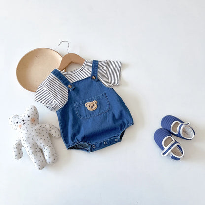 Unisex Baby Striped T-Shirt and Denim Bear Romper Set - 2pc Summer Toddler Outfit (3M-3T)
