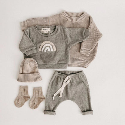 Unisex Baby Knit Outfit Set – Long Sleeve Embroidered Sweatshirt & Pants – Rainbow, Sun, & Letter Designs (6M-3T)