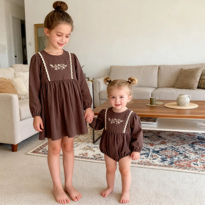 Toddler & Girls Brown Floral Embroidered Cotton Long Sleeve Dress (2T-6T)