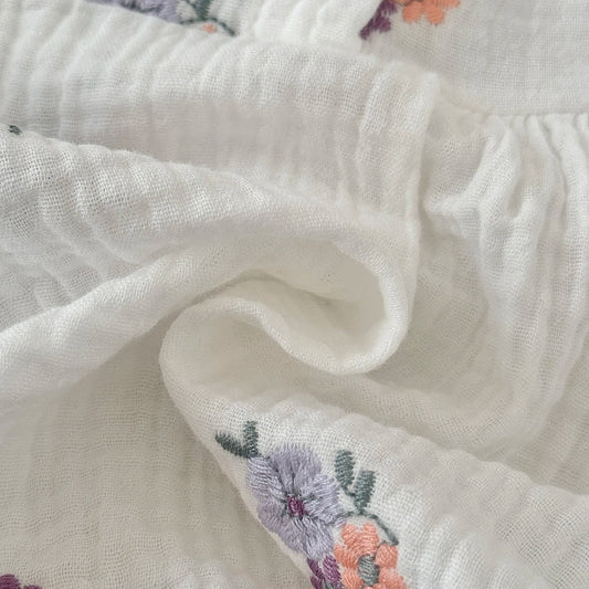 Summer Embroidered Floral Baby Romper - White Cotton Muslin Ruffle Sleeve Bodysuit (6-18M)