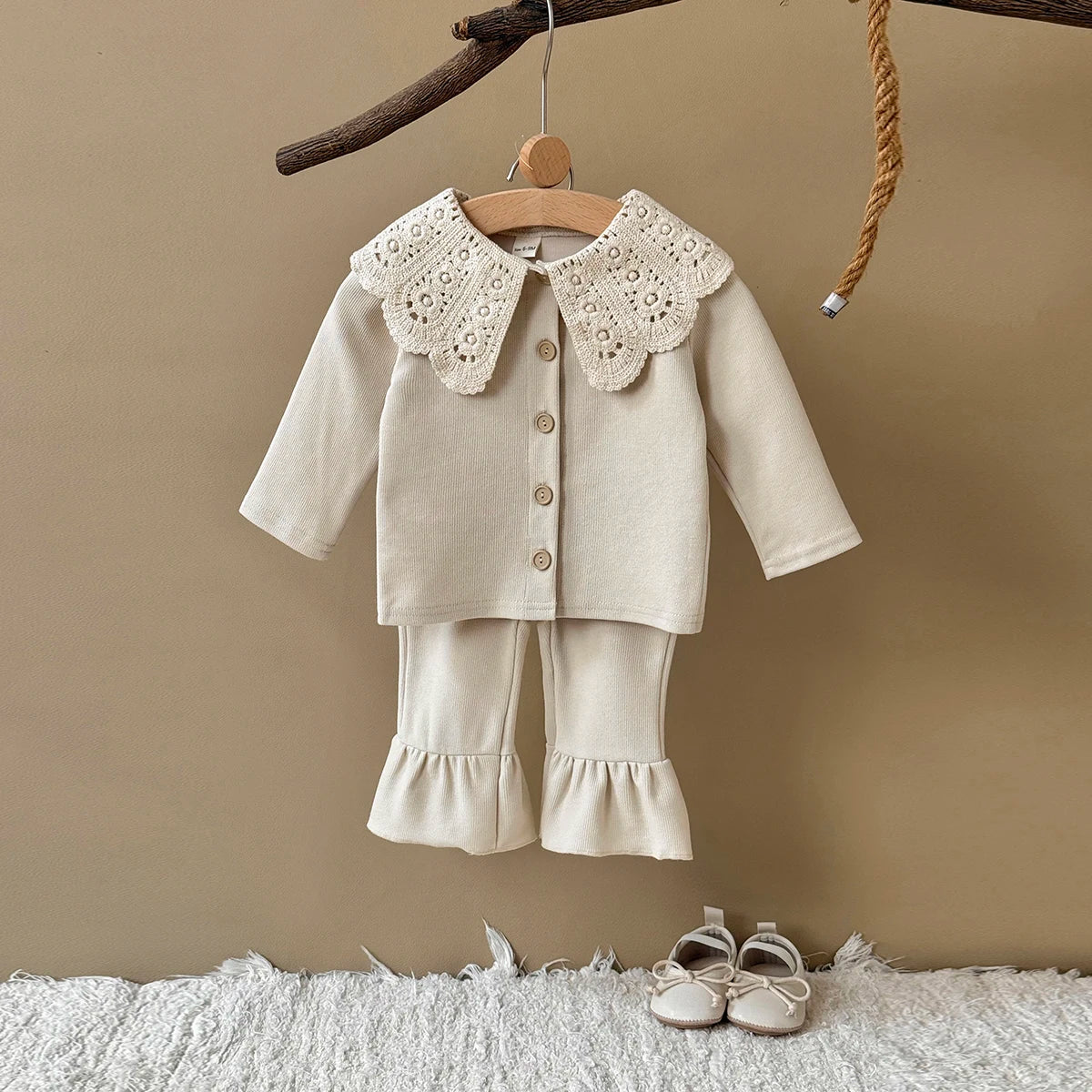 Toddler Girls Ribbed Knit Cardigan & Flare Pants Set with Crochet Lace Collar – 2-Piece Spring Outfit (6M-3T)