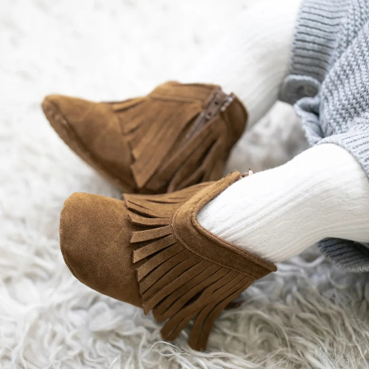 Baby Western Fringe Moccasin Booties - Soft Anti-Slip Sole Infant Cowboy Cowgirl Shoes, First Walkers (0-18M)