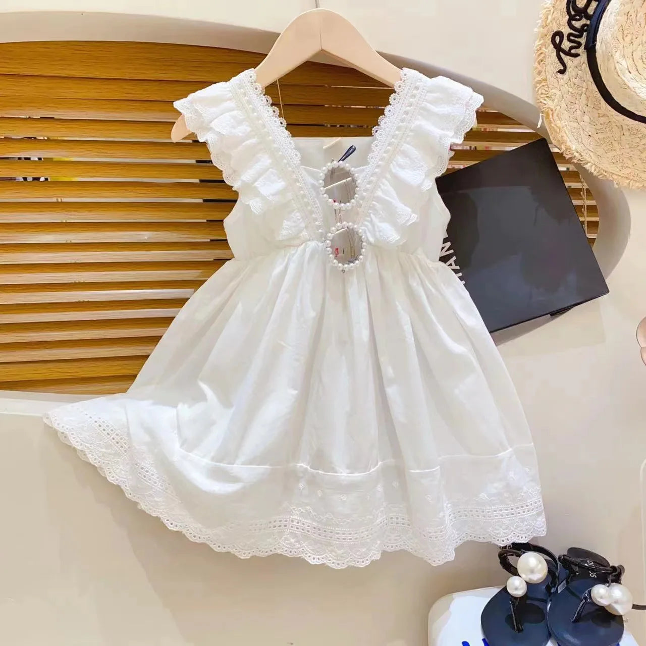 Girls White Lace Ruffle Summer Dress - Soft Cotton Occasion Wear (2T-7)