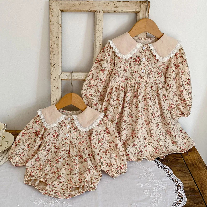 Toddler & Girls Cream Vintage Floral Long Sleeve Dress with Lace Collar (18M-6T)