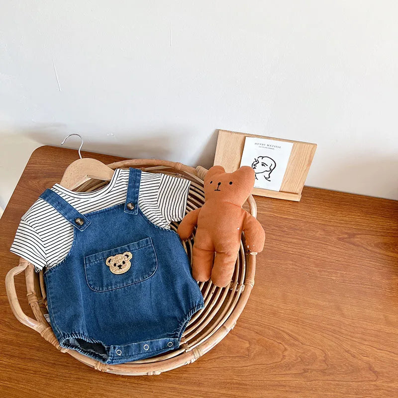 Unisex Baby Striped T-Shirt and Denim Bear Romper Set - 2pc Summer Toddler Outfit (3M-3T)