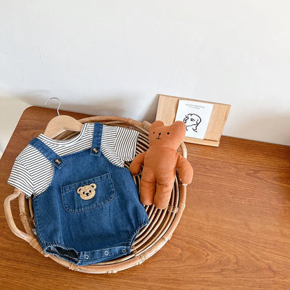 Unisex Baby Striped T-Shirt and Denim Bear Romper Set - 2pc Summer Toddler Outfit (3M-3T)