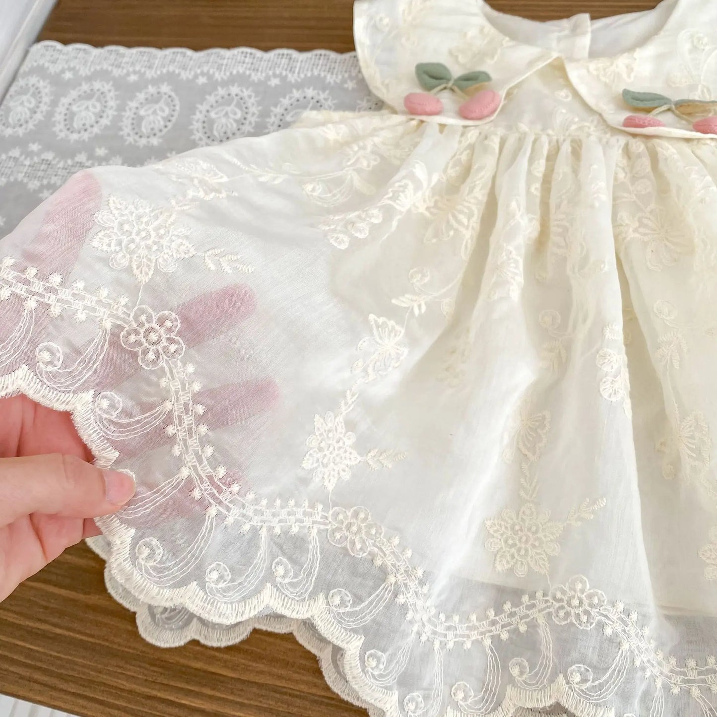 Vintage Cotton Baby, Toddler & Kids Girls Sleeveless Floral Embroidered Dress with Cherry Detail and Large Peter Pan Collar (6M-5T)