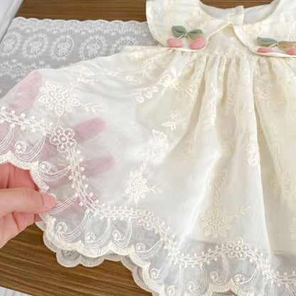 Vintage Cotton Baby, Toddler & Kids Girls Sleeveless Floral Embroidered Dress with Cherry Detail and Large Peter Pan Collar (6M-5T)