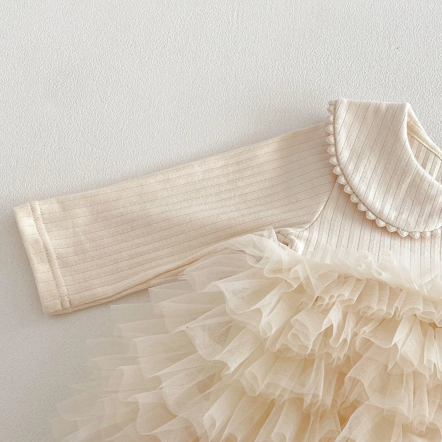 Baby Girl Princess Tulle Dress Bodysuit - Cream Peter Pan Collar Romper with Gold Crown (3-24M)