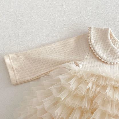 Baby Girl Princess Tulle Dress Bodysuit - Cream Peter Pan Collar Romper with Gold Crown (3-24M)