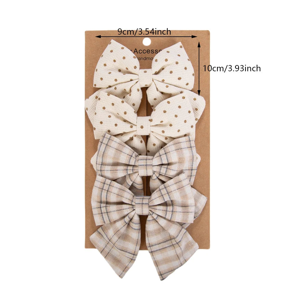 4pc Large Linen Baby Hair Bows - 3.5" Oversized Boutique Fabric Clips