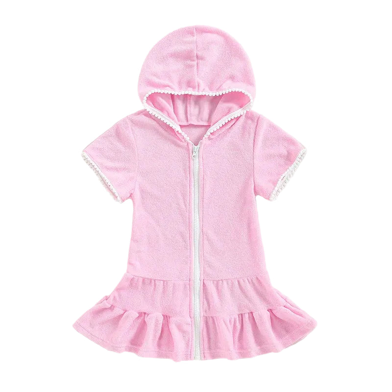 Girls Terry Bathing Suit Coverup - Hooded Zip Up Cotton Beach Dress (Size 2T-12)