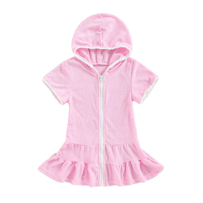 Girls Terry Bathing Suit Coverup - Hooded Zip Up Cotton Beach Dress (Size 2T-12)