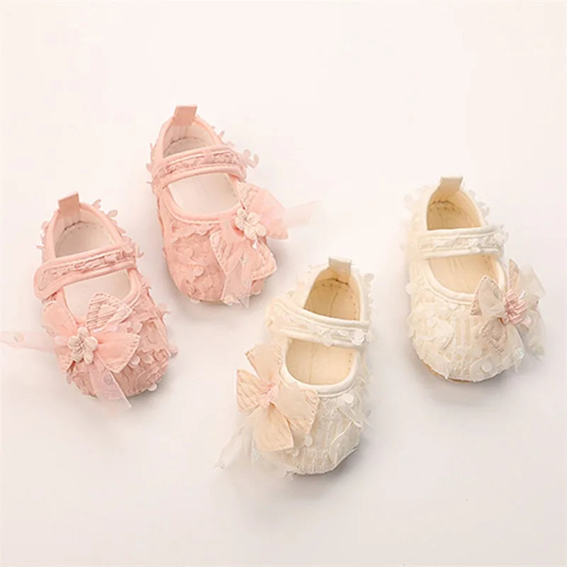 Baby Girl Princess Floral First Walker Shoes - Soft Sole Infant Crib Flats with Bow & Petal Detail, (3-12M)