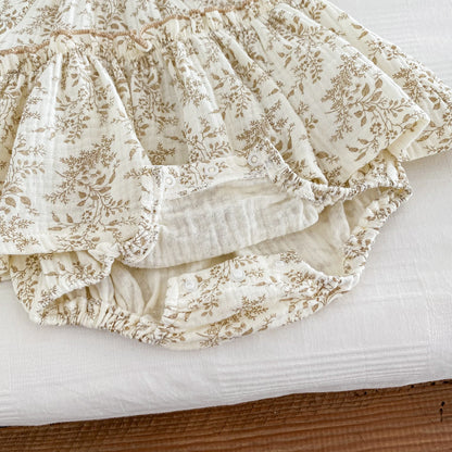 Vintage Sepia Floral Muslin Bubble Romper | Baby Girl Flutter Sleeve Top & Bloomers (3-24M)