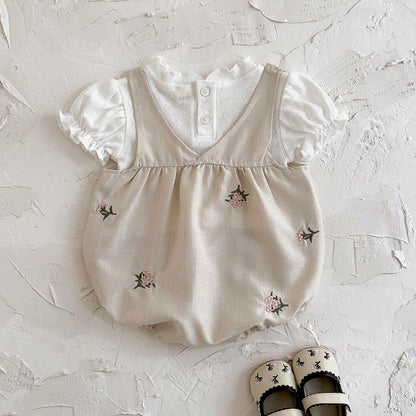Baby Girl 2-Piece Embroidered Floral Romper Set - White Puff Sleeve Shirt & Camisole Overalls (0-24M)