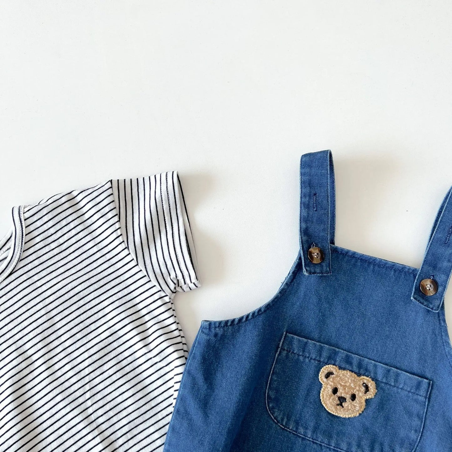 Unisex Baby Striped T-Shirt and Denim Bear Romper Set - 2pc Summer Toddler Outfit (3M-3T)
