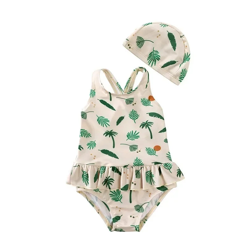 Girls Cross-Back Ruffle Swimsuit & Sun Cap Set – Premium Boho Prints (9M–9Y)