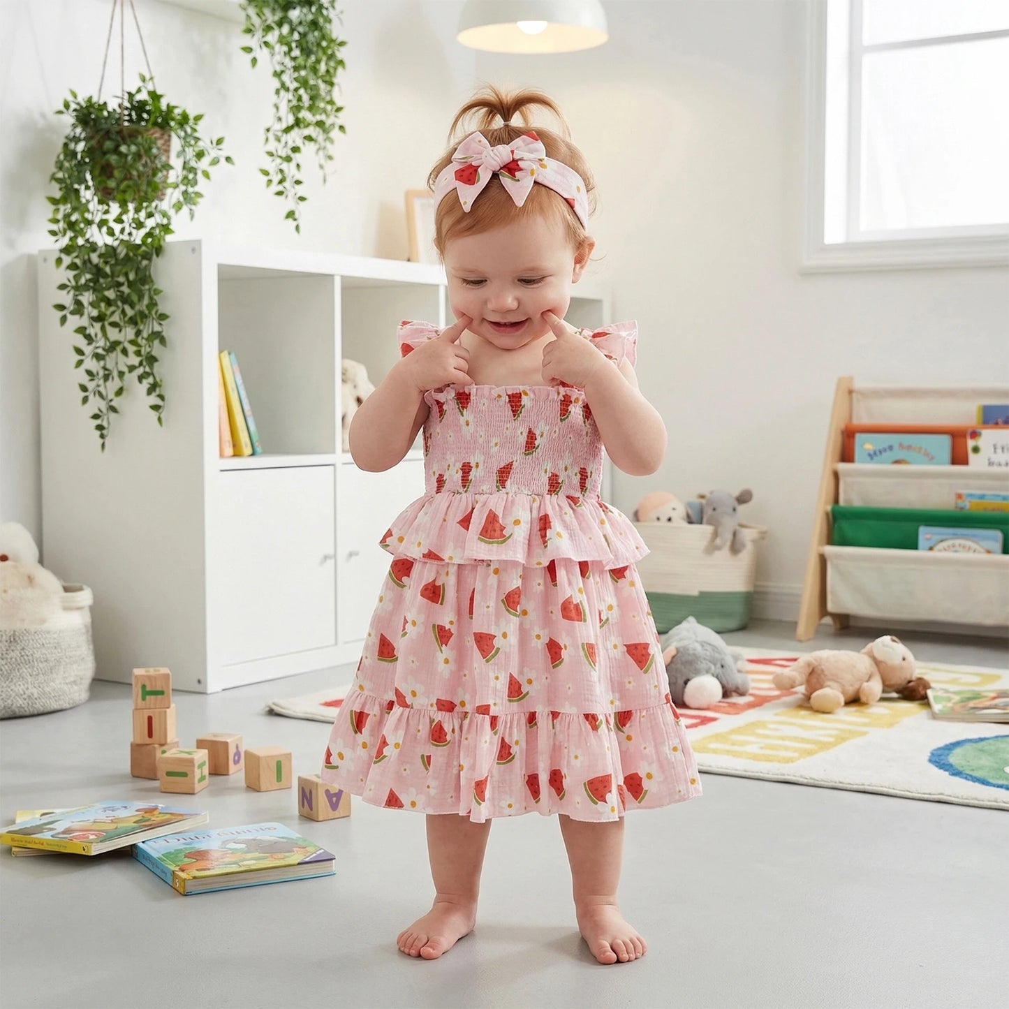 Baby & Toddler Girl Watermelon Floral Summer Dress - Smocked Tiered Ruffle Tank Dress with Matching Headband (12M-5T)
