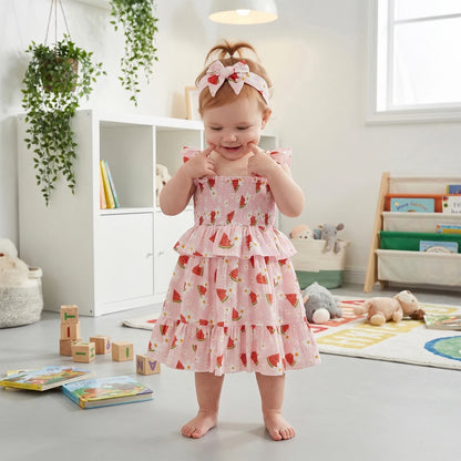 Baby & Toddler Girl Watermelon Floral Summer Dress - Smocked Tiered Ruffle Tank Dress with Matching Headband (12M-5T)