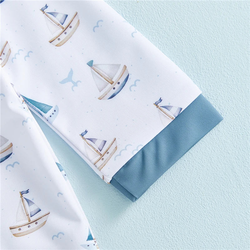 Nautical Sailboat Rash Guard Swimsuit & Sun Hat Set - Long Sleeve Ivory (3M - 5T)