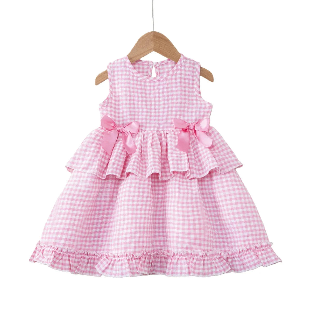 Toddler Girls Gingham Sleeveless Summer Dress – Pastoral Layered Ruffle Dress with Bows (2-7Y)