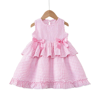 Toddler Girls Gingham Sleeveless Summer Dress – Pastoral Layered Ruffle Dress with Bows (2-7Y)
