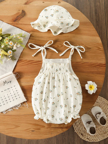 Baby Girl Muslin Cotton Romper & Sun Hat Set - Floral 2-Piece Summer Bodysuit (3-18M)
