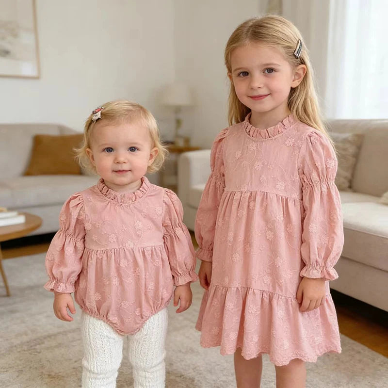 Toddler & Girls Pink Floral Embroidered Long Sleeve Tiered Dress (2T-6T)
