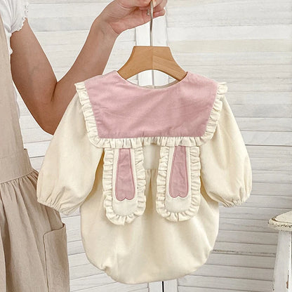 Baby Girl Bunny Ear Easter Bodysuit - Long Sleeve Cotton Jumpsuit (3-24M)