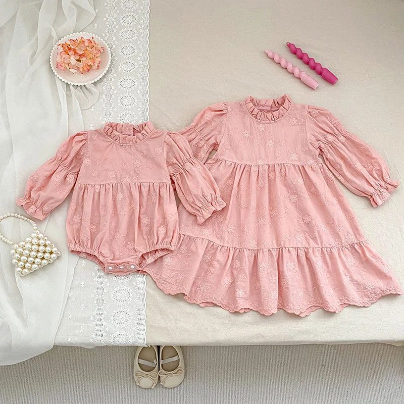 Toddler & Girls Pink Floral Embroidered Long Sleeve Tiered Dress (2T-6T)