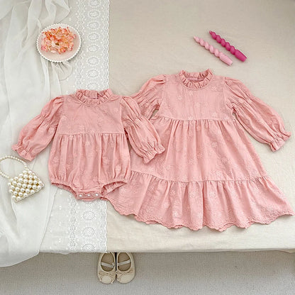 Toddler & Girls Pink Floral Embroidered Long Sleeve Tiered Dress (2T-6T)