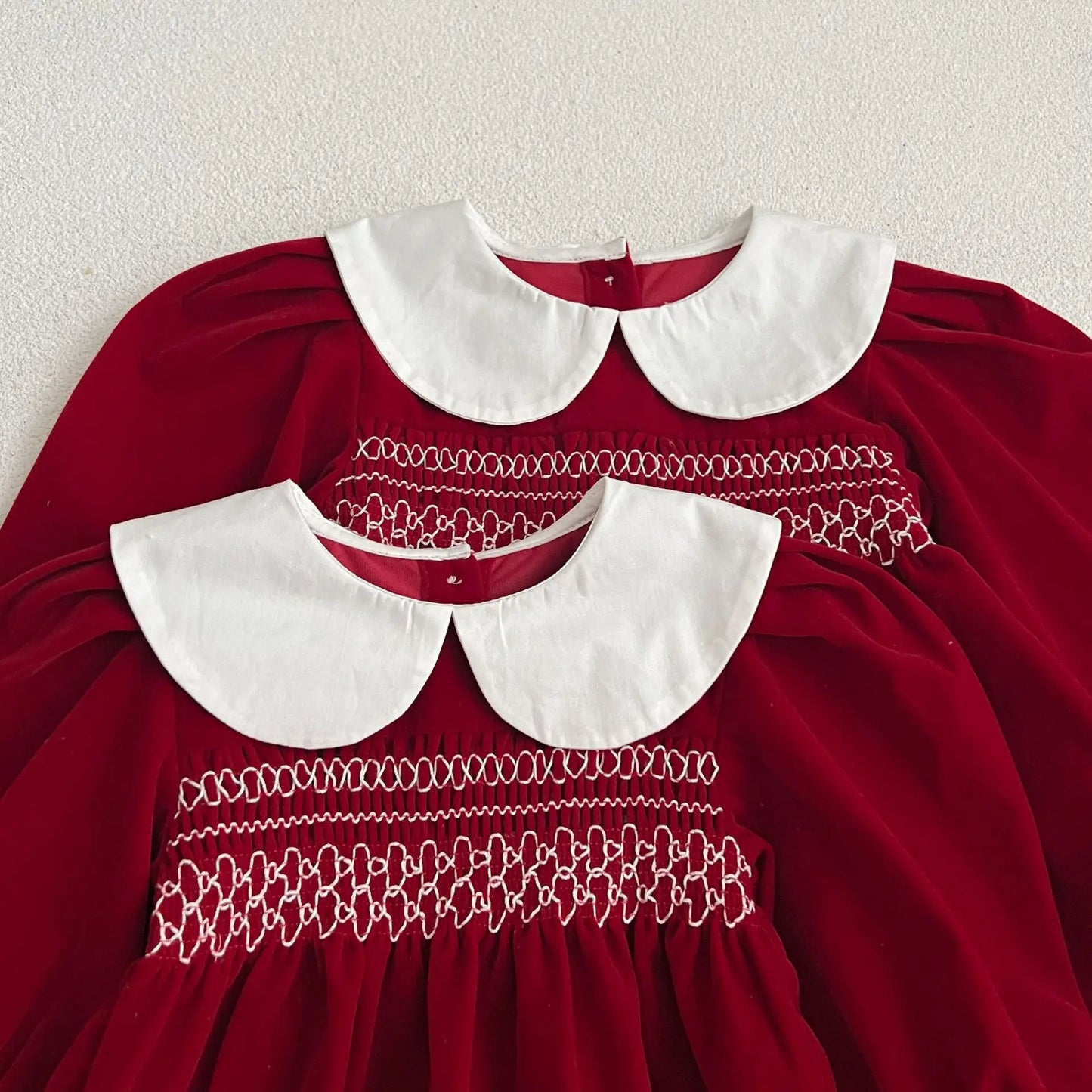 Baby Girl Red Christmas Bubble Romper | Smocked Holiday Outfit with Collar (3-24M)