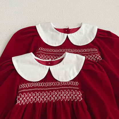 Baby Girl Red Christmas Bubble Romper | Smocked Holiday Outfit with Collar (3-24M)