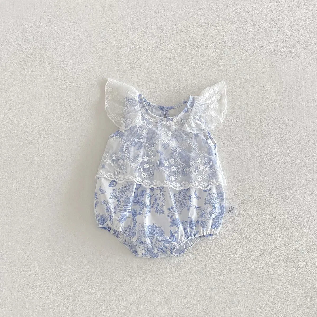 Baby Girl Floral Mesh Romper - Blue Toile Flying Sleeve Summer Jumpsuit (3-18M)