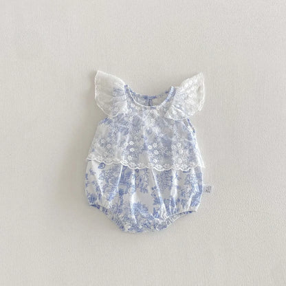 Baby Girl Floral Mesh Romper - Blue Toile Flying Sleeve Summer Jumpsuit (3-18M)