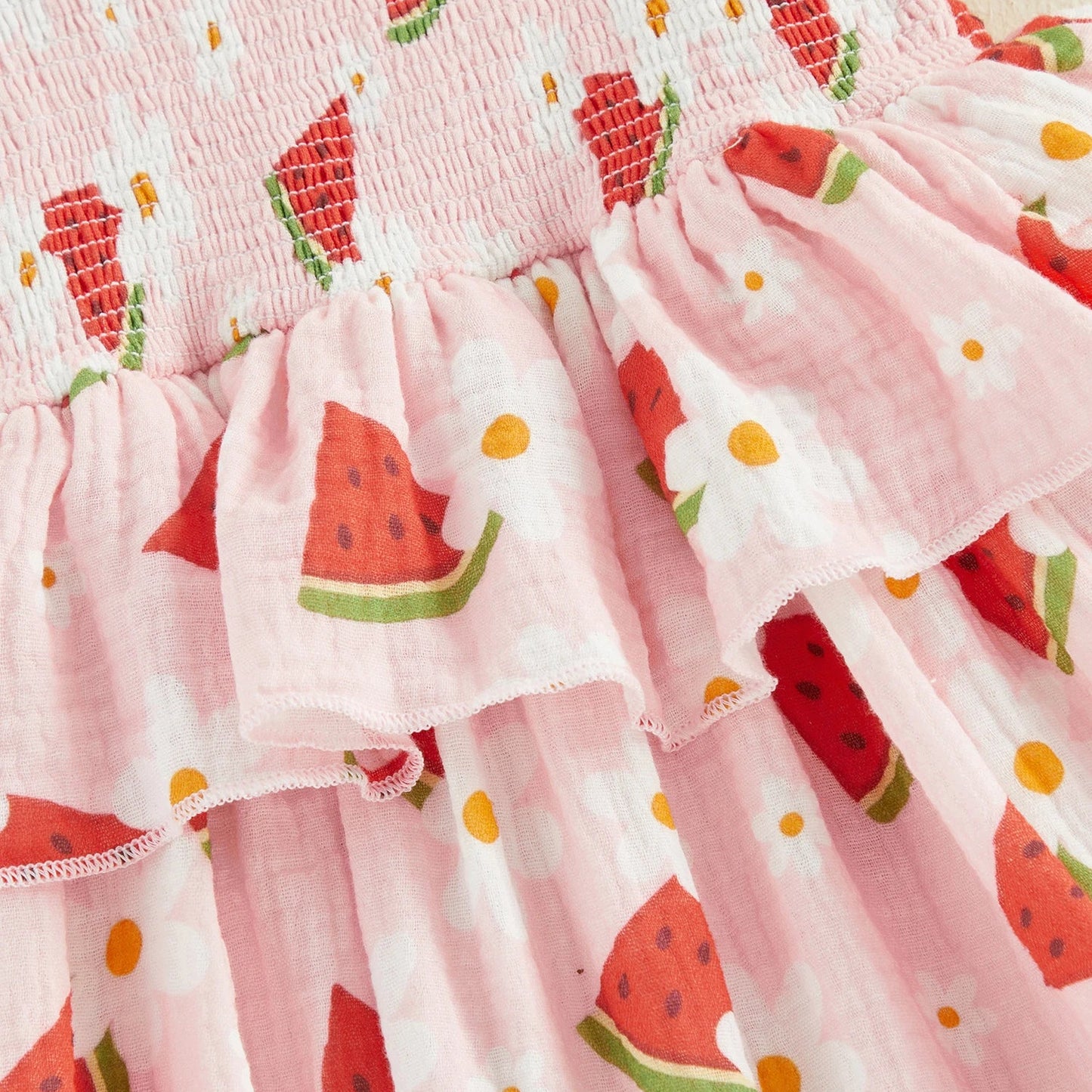 Baby & Toddler Girl Watermelon Floral Summer Dress - Smocked Tiered Ruffle Tank Dress with Matching Headband (12M-5T)