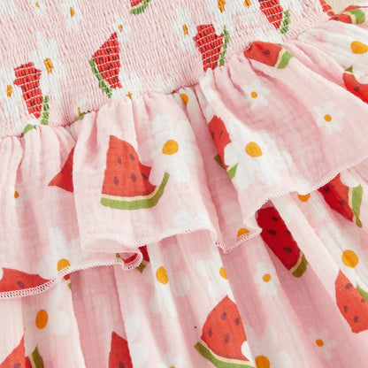 Baby & Toddler Girl Watermelon Floral Summer Dress - Smocked Tiered Ruffle Tank Dress with Matching Headband (12M-5T)