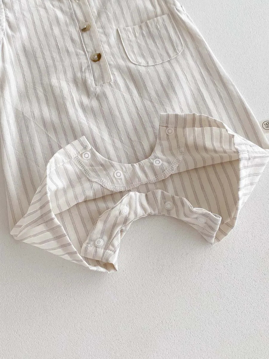 Neutral Ticking-Stripe Sleeveless Baby Romper with Matching Sun Hat - 100% Cotton (0-24M)