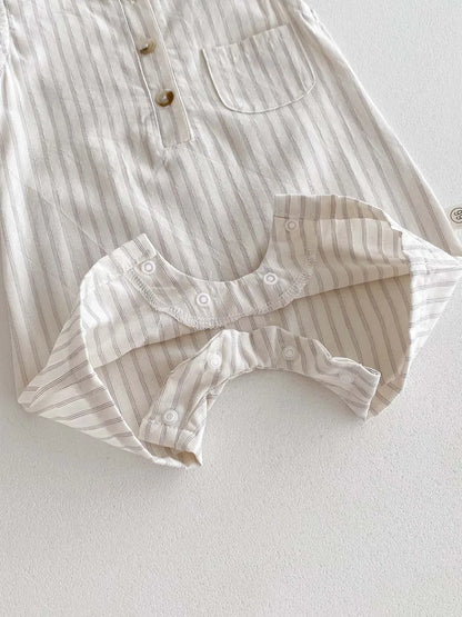 Neutral Ticking-Stripe Sleeveless Baby Romper with Matching Sun Hat - 100% Cotton (0-24M)