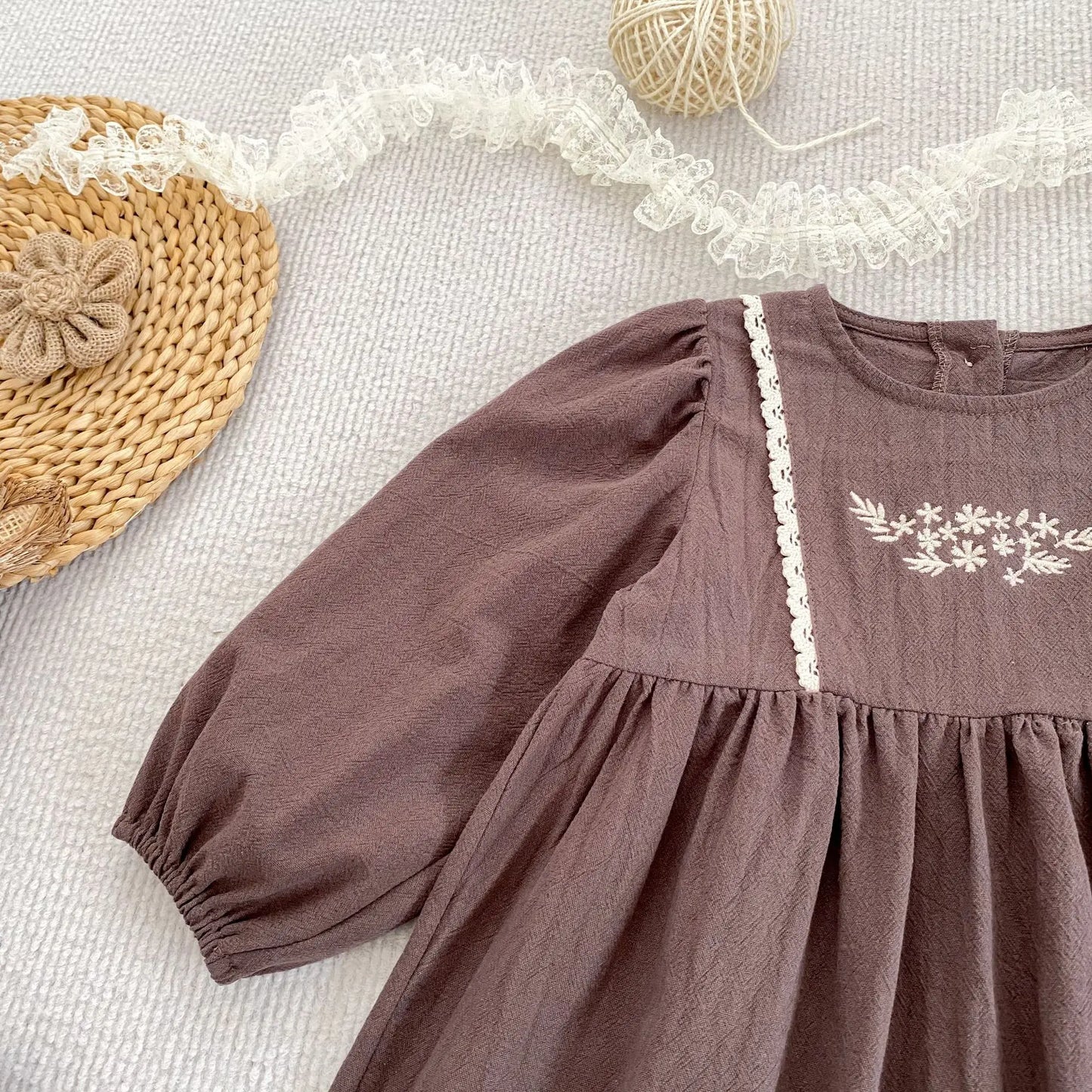 Toddler & Girls Brown Floral Embroidered Cotton Long Sleeve Dress (2T-6T)