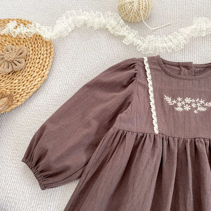 Toddler & Girls Brown Floral Embroidered Cotton Long Sleeve Dress (2T-6T)