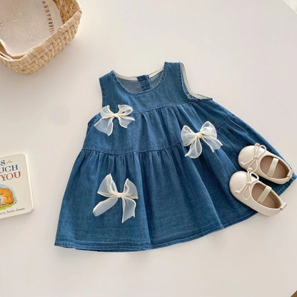 Toddler & Baby Girls Sleeveless Blue Denim Dress - 100% Cotton A-Line Summer Tiered Dress with Bows(6M-5T)