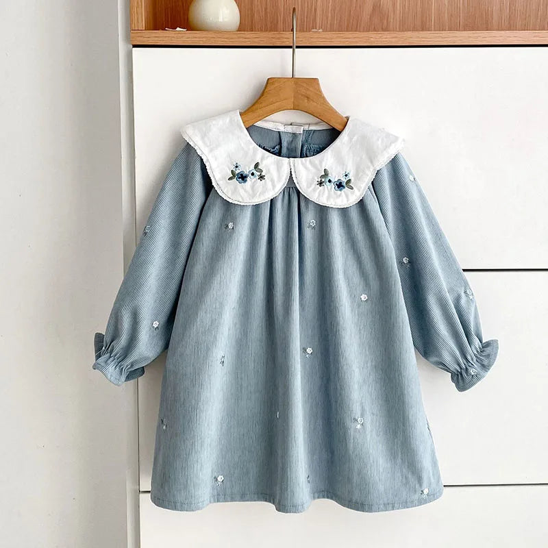 Sister Matching Floral Outfits: Blue Corduroy Embroidered Baby Romper & Girls Princess Dress - Coordinated Sister Boutique Set